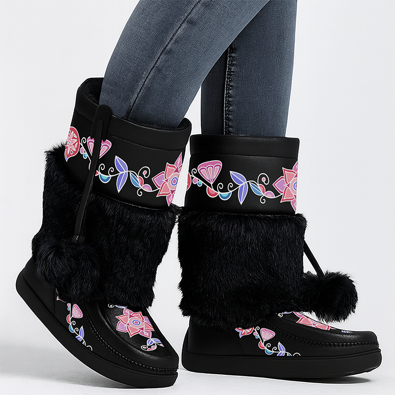 Frost Flower Circle Real Black Leather MocLux Calf with Fur