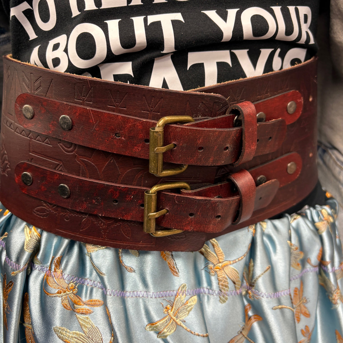 Handmade 38 in Brown Floral Geometric Buffalo Belt