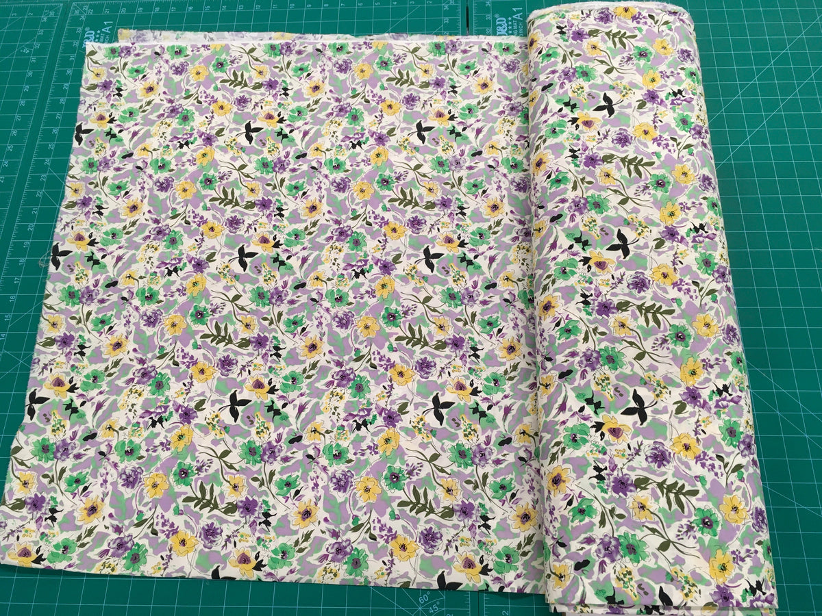 Yellow Purple Flowers Green Background 56 inch Cotton Fabric