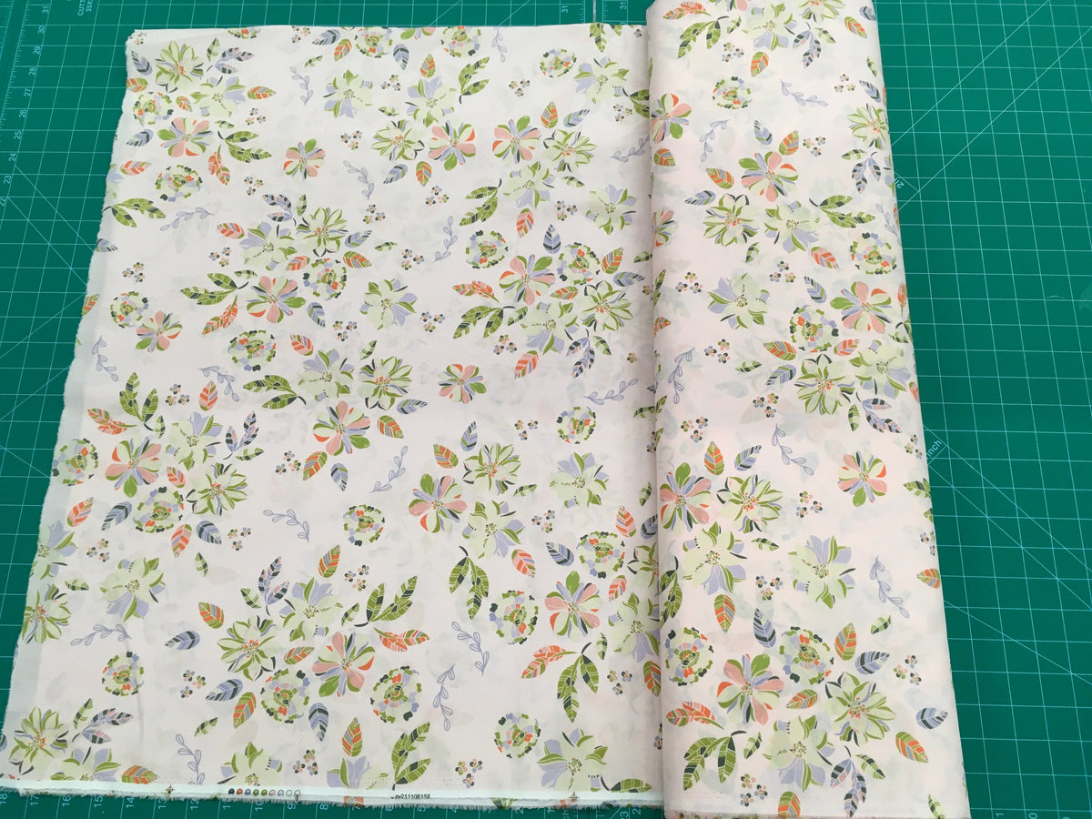 Violet and Green Flowers Pink Background 56 inch Cotton Fabric